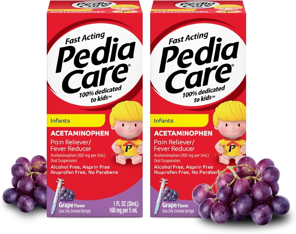 Noworodki Acetaminofen Zawiesina doustna Płyn, Szybkie działanie przeciwbólowe dla niemowląt Reliever / Fever Reducer z ampułką do wstrzykiwań, Zero Alkohol lub Aspiryna lub Ibuprofen, Grape Flavor, 1 fl oz (2 opakowania)