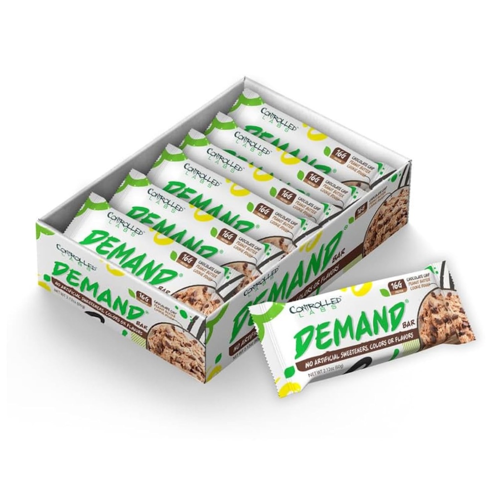 Kontrolowane bary białkowe Labs Demand Protein - 12 paczek - 16 g białka per Serving, Natural, High- Protein / Low- Carb Bar, 2.12 oz (Czekoladowy Chip / Masło orzechowe / Ciasteczko ciastkowe)