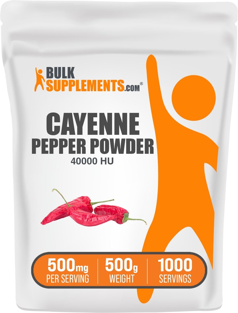 BulkSupplements.com Cayenne Pepper 40000 HU Powder - Capsaicin Supplements, Cayenne Pepper Powder - Vegan & Gluten Free, 500mg per Serving, 500g (1,1 lbs) (opakowanie po 1)