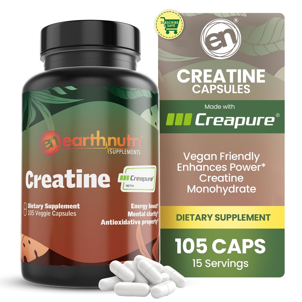 Kapsułki jednowodne EarthNutri Creatine - Mikronizowane do lepszego wchłaniania - Wspiera wytrzymałość mięśni, wytrzymałość i odzysk - 105 Kapsułek (5000mg na jedną porcję, 7 Kapsułek)