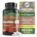 Kapsułki jednowodne EarthNutri Creatine - Mikronizowane do lepszego wchłaniania - Wspiera wytrzymałość mięśni, wytrzymałość i odzysk - 105 Kapsułek (5000mg na jedną porcję, 7 Kapsułek)