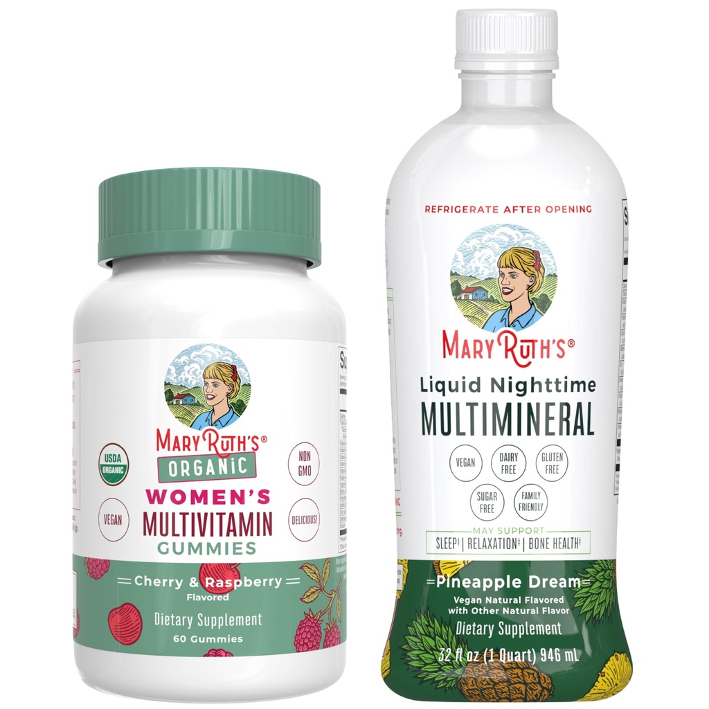 MaryRuth 's Multivitamin Gummies for Women (Cherry & Raspberry) & Liquid Nighttime Multimineral (Ananas) 124; Clean Label Project Verified ® Accorded 124; Vegan According 124; Beauty, Bedtime Routine, & Ogólne zdrowie