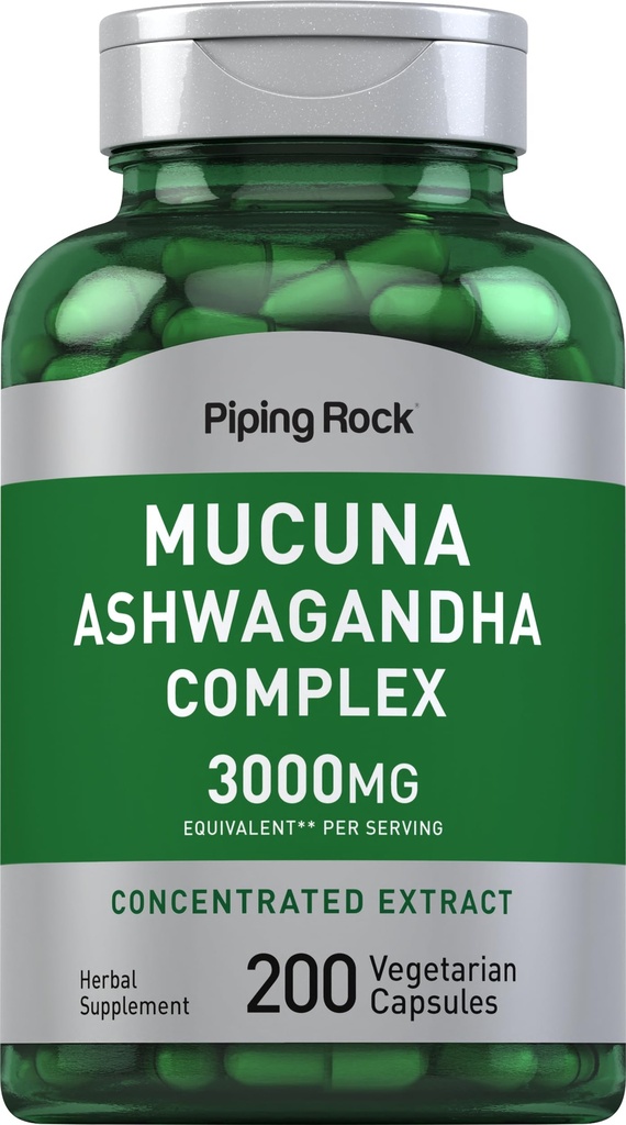 Piping Rock Mucuna Ashwagandha 3000mg XI124; 200 Kapsułek XI124; Complex Extract Supplement for Women and Men XI124; Vegetarian, Non-GMO, Gluten Free