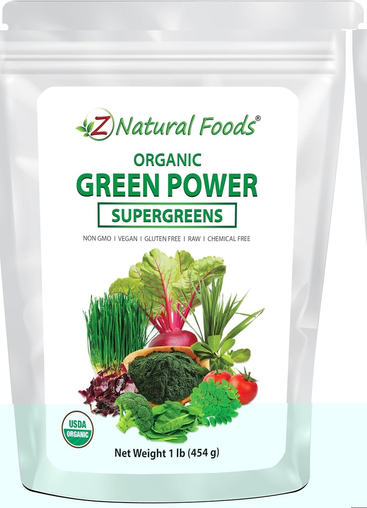 Z Natural Foods Organic Greens Superfood Powder - Barley Grass, Wheatgrass, Spirulina, Spinach, Brokuły, Alfalfa Leaf, Burak Root, Pomidor, Dulse & Moringa - Raw Vegan gluten Free - 1lb