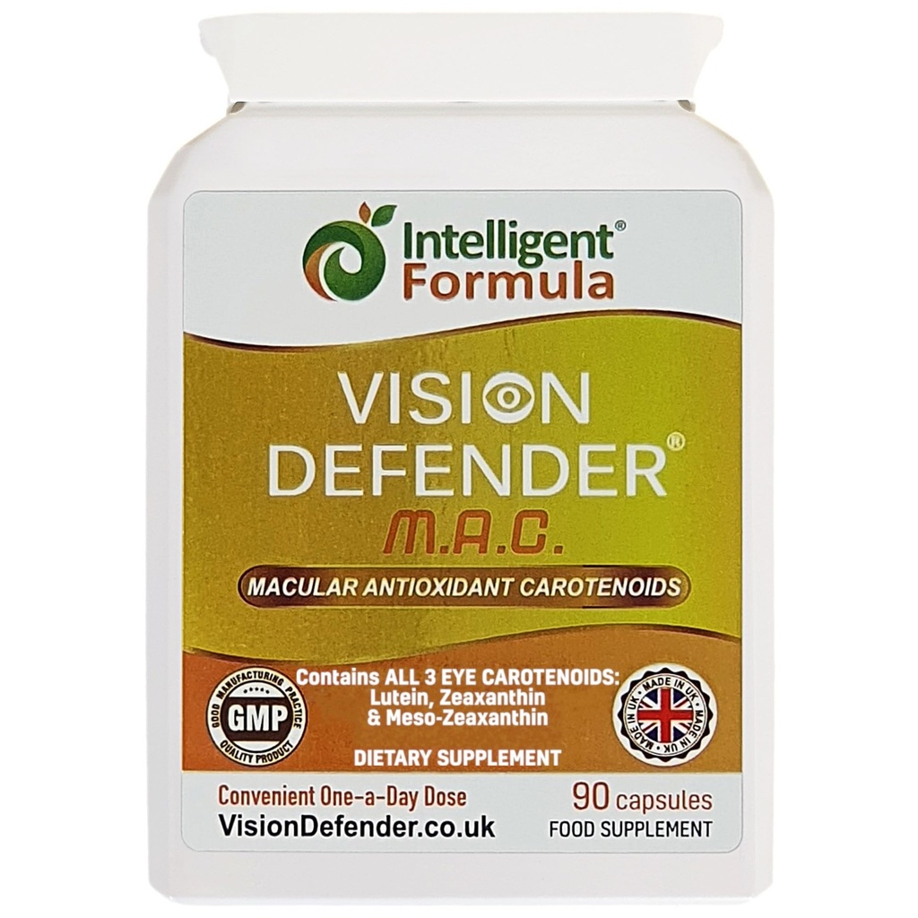 Vision Defender MAC Suplement do oczu: Luteina, Zeaksantyna i Mezo- Zeaksantyna Potrójne przeciwutleniacze Karotenoidy dla Eye Health and Eyesight (90 Kapsułki / Jedna Kapsułka Daily) Made in UK