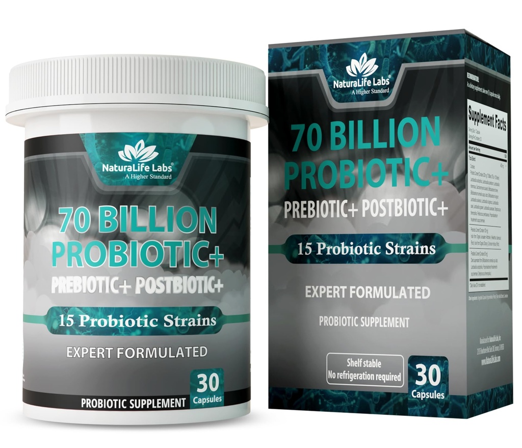 NaturaLife Labs Probiotyka 70 Miliard CFU - 15 Szczepów z Organic Prebiotic & Postbiotic - 3- in-1 Formuła - 30 Kapsułki Vegan