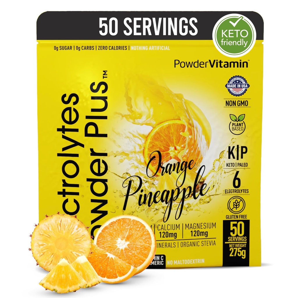 Electrolytes Powder Plus (50 Servings), 0 Calorie Keto, 0 Cukier, No Maltodekstryna, 1000mg potasu, 120mg wapnia, 120mg magnezu, Proszek nawadniający (50 Servings, Ananas pomarańczowy)