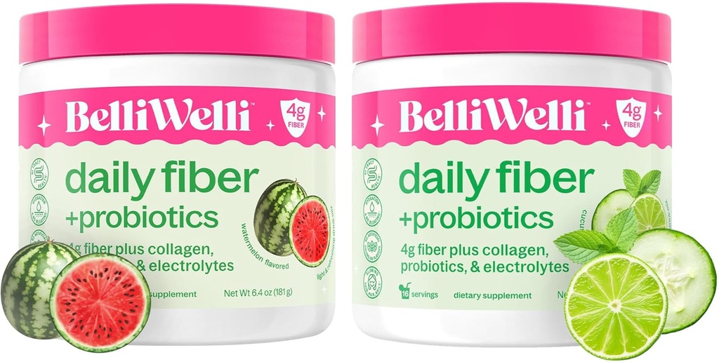 Belli Welli Daily Fiber Supplement Bundle - Bakłażan Lime Mint & Arbuz - z Collagen, Probiotyki i Electrolytes - Odświeżanie Wellness Flavors, 32 Łączne służby