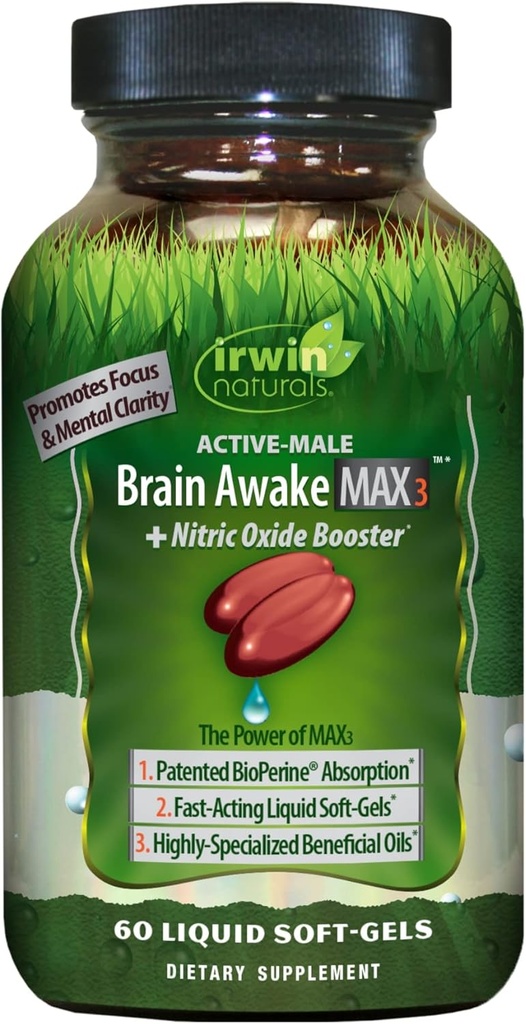 Irwin Naturals Brain Awake Max3 + Nitric Oxyde Booster 60 Liquid Softgel