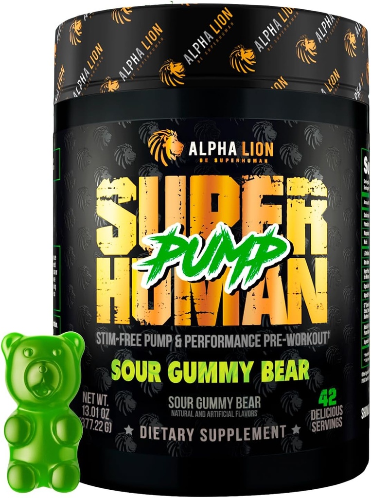 ALPHA LION Superman Pompa przed treningiem Proszek, Kofeina Nootropowa i Stim Bezpłatny Prestress Supplement, Aciric Oxide Booster, Muscle Gainer, Energy & Focus (42 Sługi, Sour Gummy Bear)
