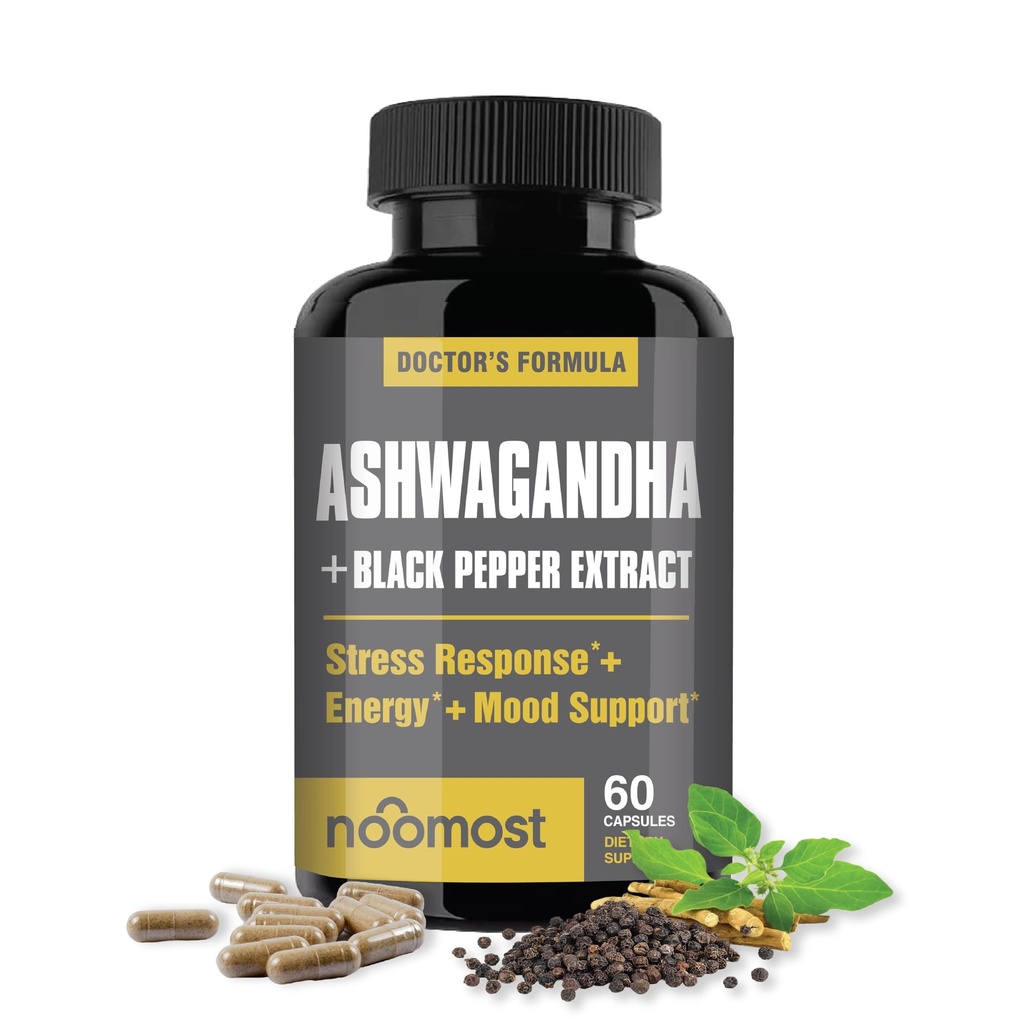 NooMost Organic Ashwagandha 400mg kapsułki w / Czarny pieprz Ekstrakt jako Vegan Ashwagandha Suplementy do środków przeciwstresowych, Natural Mood Support, Energy & Focus-60 kapsułki