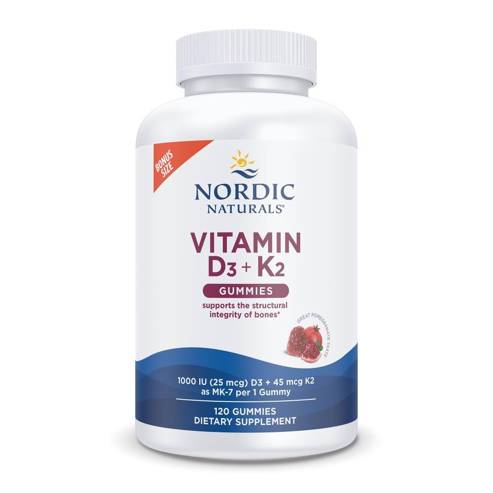 Nordic Naturals Witamina D3 + K2 Gummie, Pomegranat - 120 Gummies - 1000 IU Witamina D3 + 45 μg K2- Wielki Smak - Bone Health, Promotes Healthy Muscle Function - Non-GMO - 120 Służenie