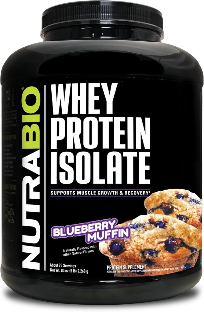 NutraBio 100% Proszek z izolatu białka serwatki - 25g Białko z kompletnym profilem aminokwasów, Non-GMO, Soy i gluten Wolny, Niskie węglowodory i Niskie Calorie Białko serwatki - Blueberry Muffin - 5 Lbs.