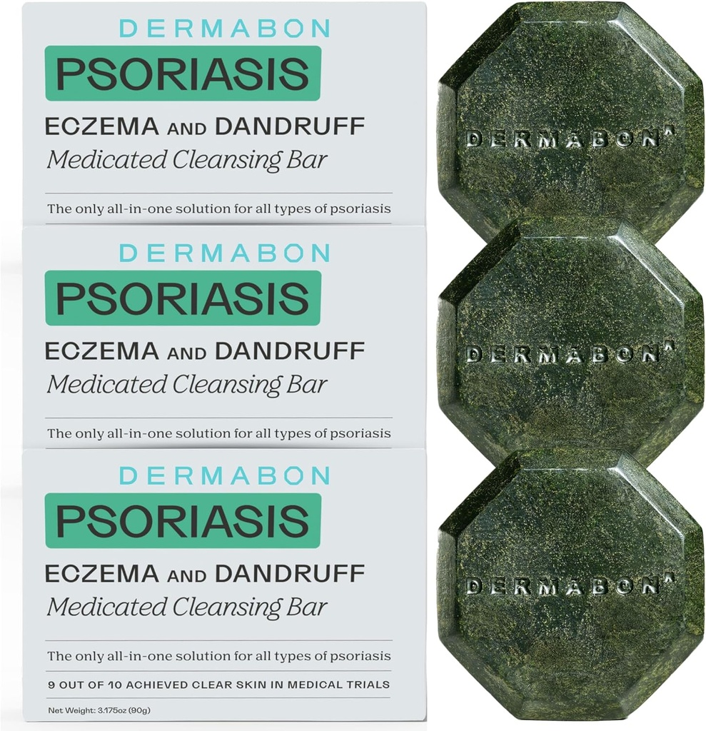 Dermabon 2% Węgiel Tar łuszczyca Mydło do ciała & Wyprysk Bar (3 Pack) 124; Kontrola i łagodzenie łuszczyca, Wyprysk, skórki i łuszczyca 124; Aktywny składnik węgiel Tar Body Wash