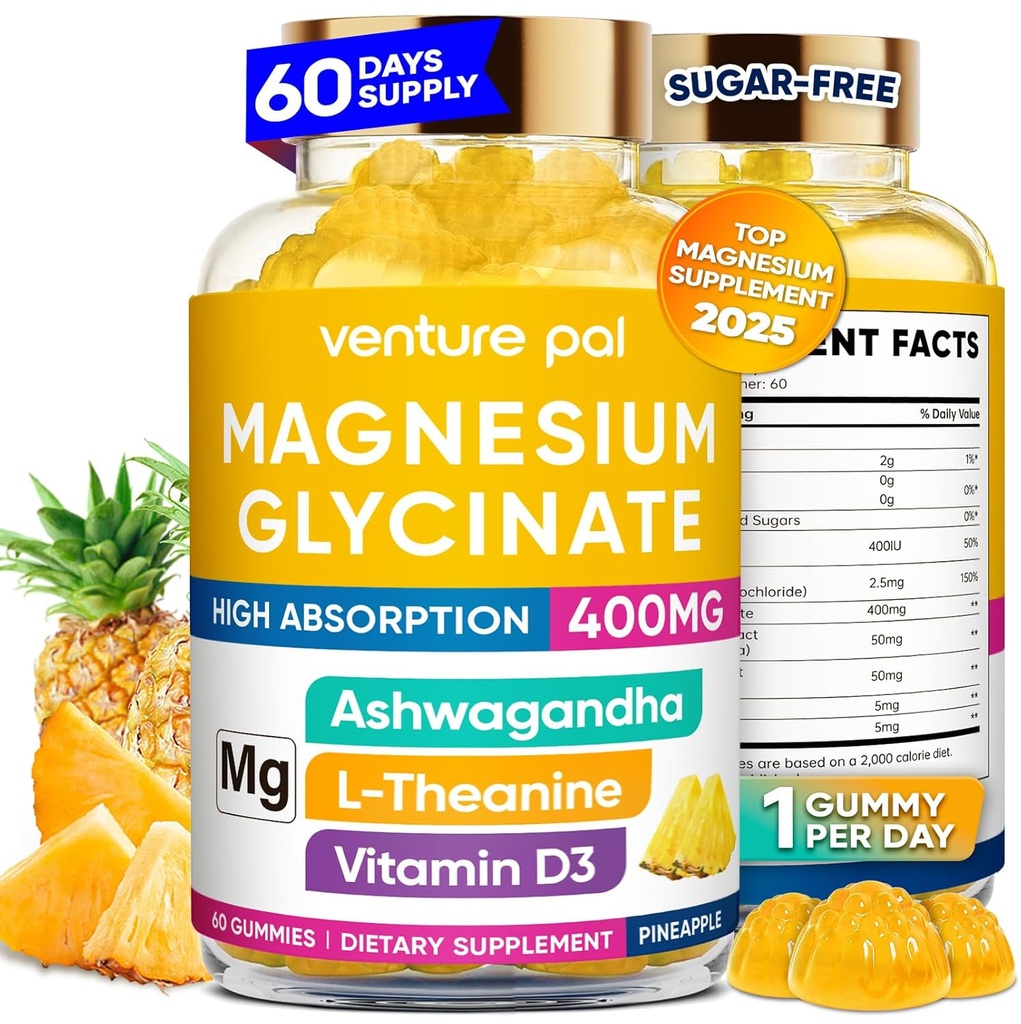 60 Day Supply Magnezu Glycinate 400mg Gummies z Ashwagandha, L- Theanine, CoQ10, Witamina D3 & B6, Gummies bez cukru dla dorosłych i dzieci, Stress Relief, Sen & Spokój, Wegan, Gluten Free