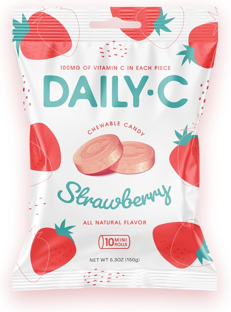Daily- C Witamina do żucia C Truskawka do żucia Candy 124; 100MG Witaminy C w każdym kawałku 124; Przetworzone przez Iconic Candy (Truskawka, 5.3oz Peg Bag)