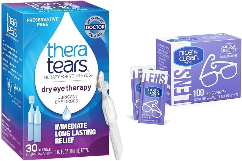 TheraTears Dry Eye Therapy Lustricant Eye Drops, Preservative Free, 30 Vials & Nicei 'N Czyste SmudgeGuard soczewki czyszczące chusteczki, 100 Wipes