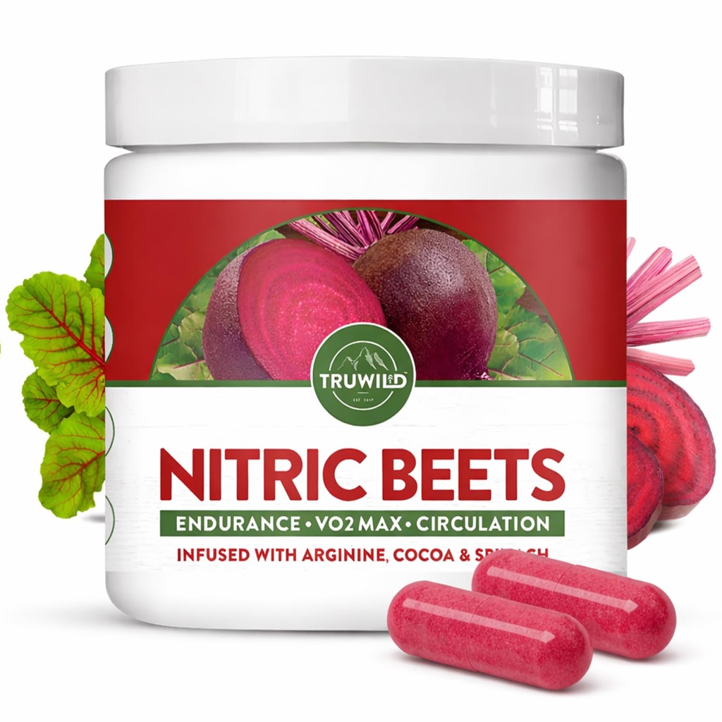 TruWild All Natural Beet Root Powder, Nitric Oxide Booster, 1000mg, Vegan Superfood Suplement kapsułki, Beetroot Extract wspiera ogólne zdrowie, Wydajność & Stamina, 30 Służenie