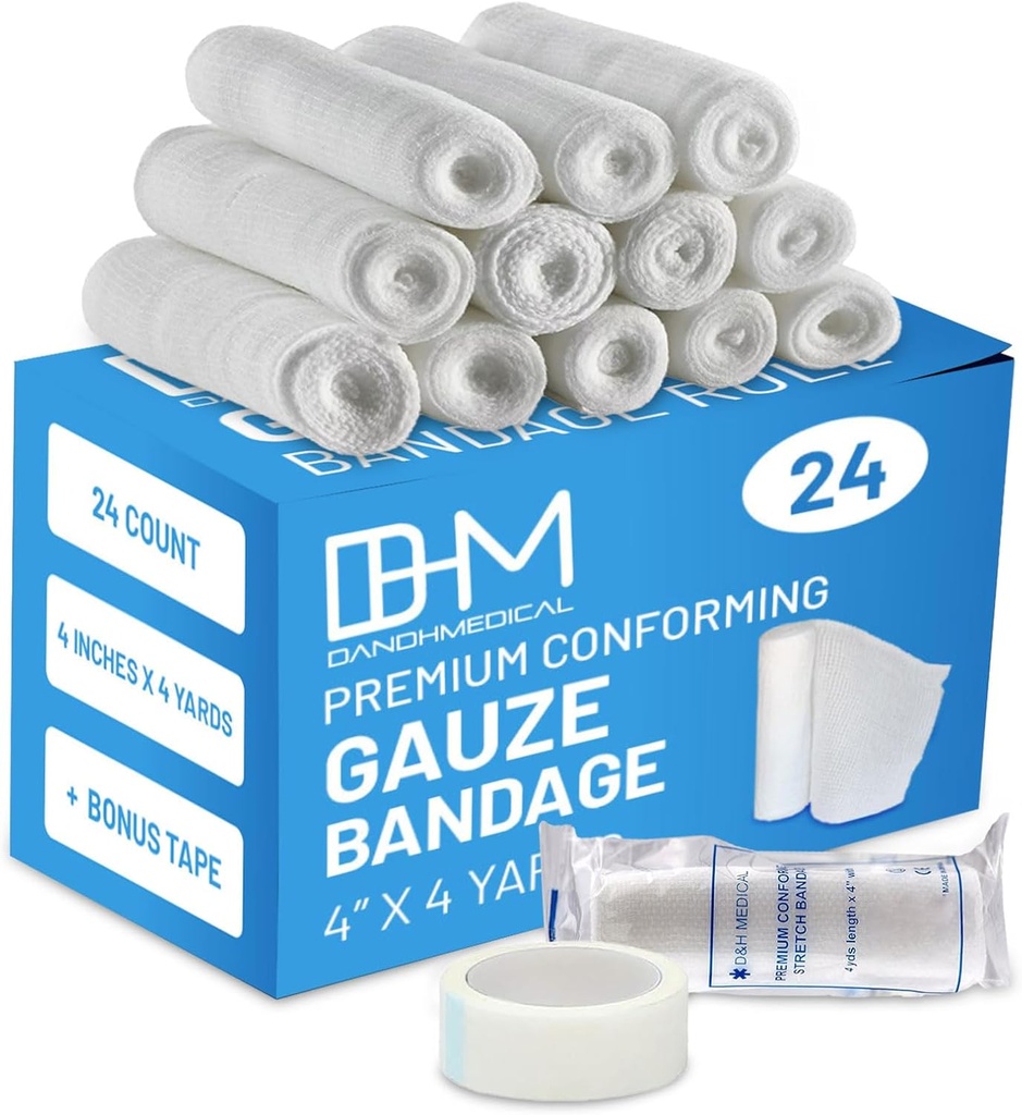 D & H Pakiet medyczny 24 bandaże gazy Roll 4 Inches x 4 Yards - Gaza medyczna do pielęgnacji ran - Łatwy w użyciu wata gaza rolki do opatrunków ręcznych