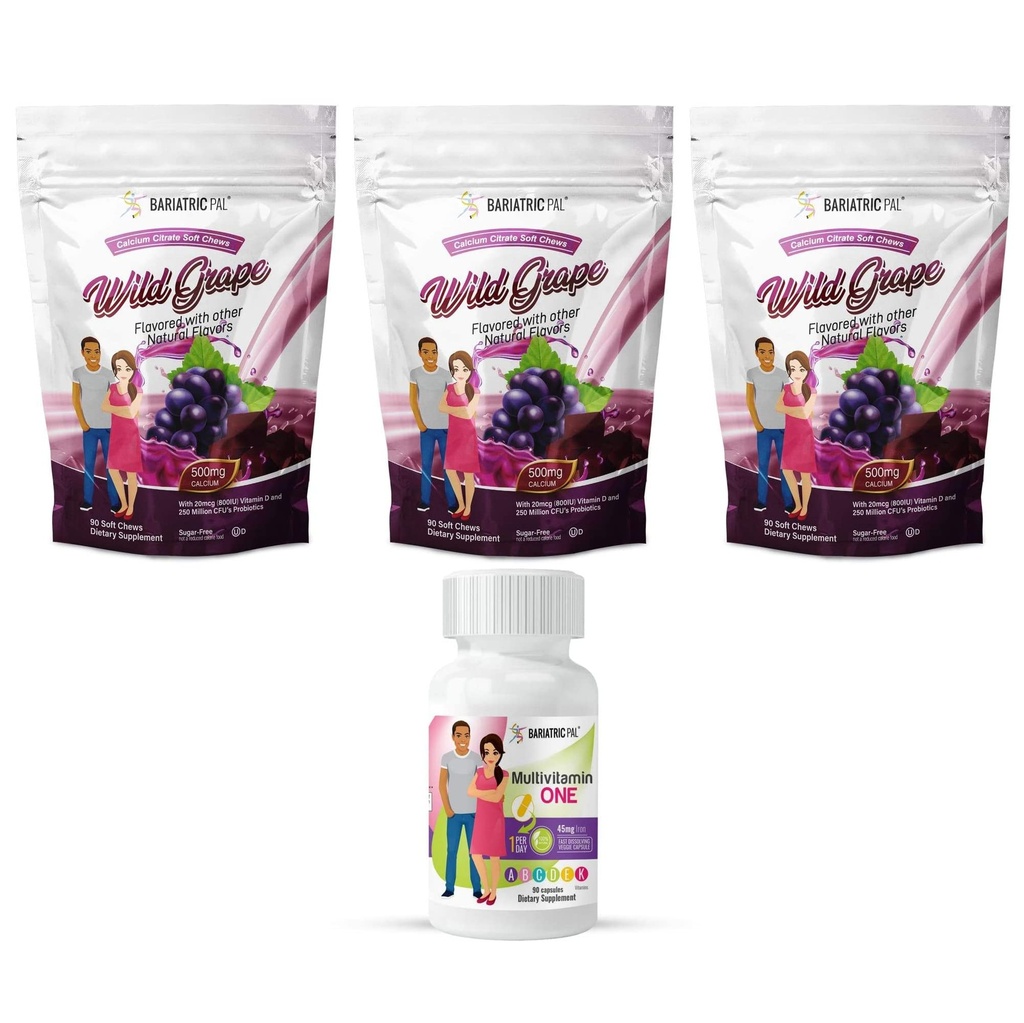 BariatricPal 90- Day Bariatry Witamina Bundle (Multivitamin ONE 1 dziennie! Kapsułka z 45 mg żelaza i cytrynianu wapnia Soft Chews 500mg z probiotykami - Wild Grape)