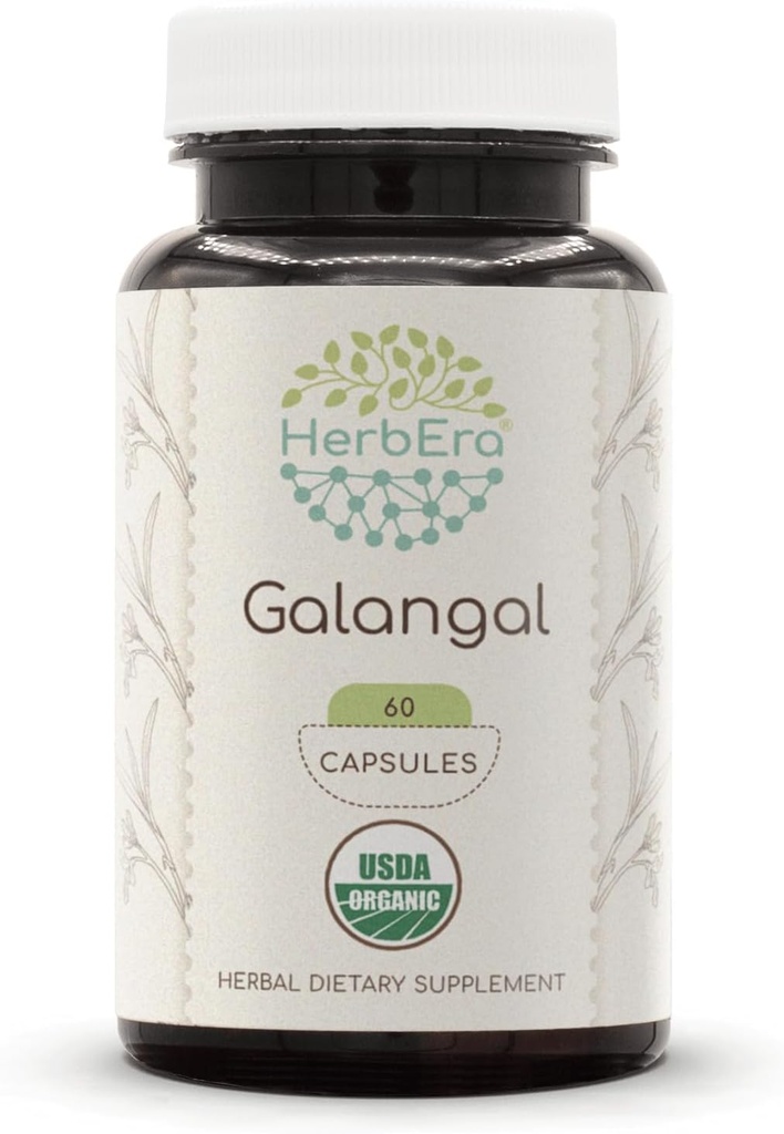 HerbEra Galangal USDA Organic 60 Kapsułki 124; Natural Herbal Supplement Equipment 124; Certified Organic Vegetarian Capsules and Organic Galangal (Alpinia Galangal) Dried Root (60 Kapsułki)