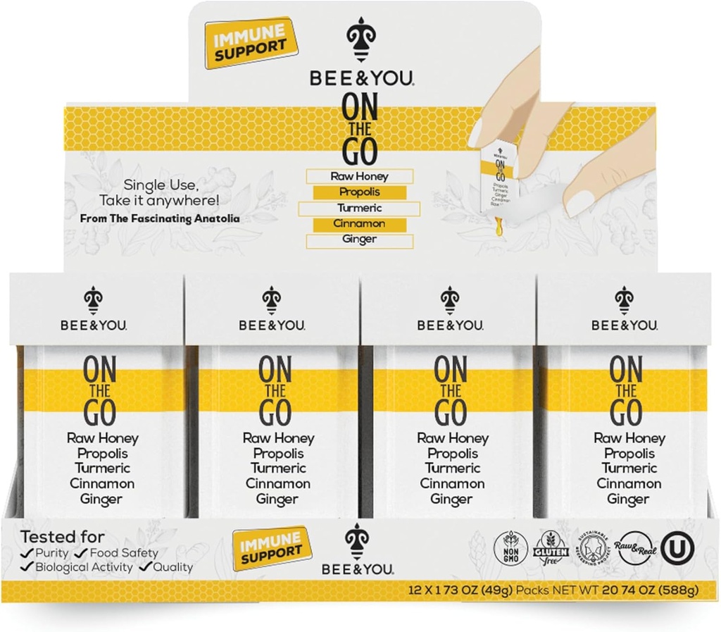 Bee and You On The Go, Suplement do wsparcia immunologicznego, Surowy miód, Propolis, Turmeric, Cynamon, Ginger, Superfood, Wielki Degustacja, dla dzieci i dorosłych, 12 Pack, 1.73 oz Każdy