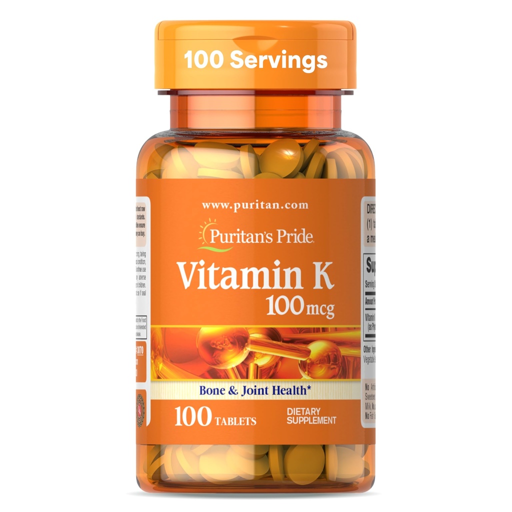 Puritan Pride Premium Witamina K 100mcg, Suplement diety dla kości, stawów i krwi Klotowanie Wsparcie zdrowia, 100 Day Supply, 100 Tablets