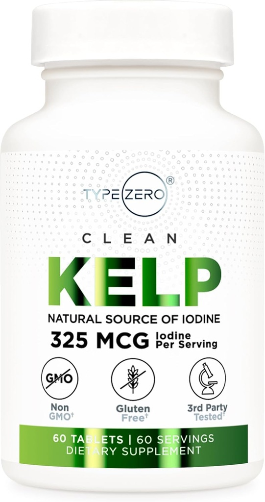 Typ Zero Czysty Kelp Jodowe tabletki (60 Służenia, 325 MCG Per Serving) - Naturalne źródło jodu z Sea Kelp, Non-GMO, Gluten Free