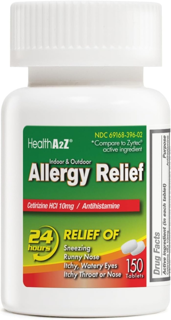 HealthA2Z ® Ulga alergiczna 124; Cetirizine 10 mg 124; All Day Ulga alergiczna 124; Wewnętrzna i zewnętrzna ulga 124; Ulga przed swędzącym gardłem, kichanie, katar (150 liczenie (1 paczka))