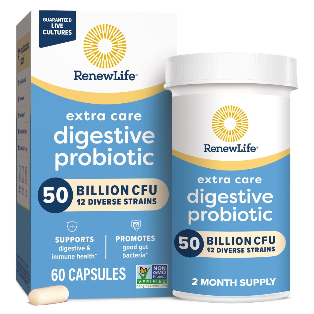 Renew Life Extra Care Digestive Probiotic kapsułki, 50 Miliard CFU gwarantowane, Codzienne suplementy Wspomaganie immunologiczne, pokarmowe, oddechowe (1), L. Rhamnosus GG, Dairy, Soy i Gluten- Free, 60 Count
