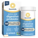 Renew Life Extra Care Digestive Probiotic kapsułki, 50 Miliard CFU gwarantowane, Codzienne suplementy Wspomaganie immunologiczne, pokarmowe, oddechowe (1), L. Rhamnosus GG, Dairy, Soy i Gluten- Free, 60 Count