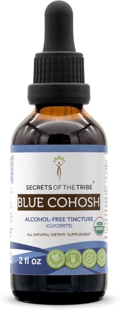 Tajemnice Tribe Blue Cohosh USDA Organic Alcohol Free Tincture (Glycerite) Odpowiedzialnie hodowane Blue Cohosh (Caulophyllum Thalictroides) Suszony korzeń (2 Fl Oz) Suplement do zdrowia kobiet