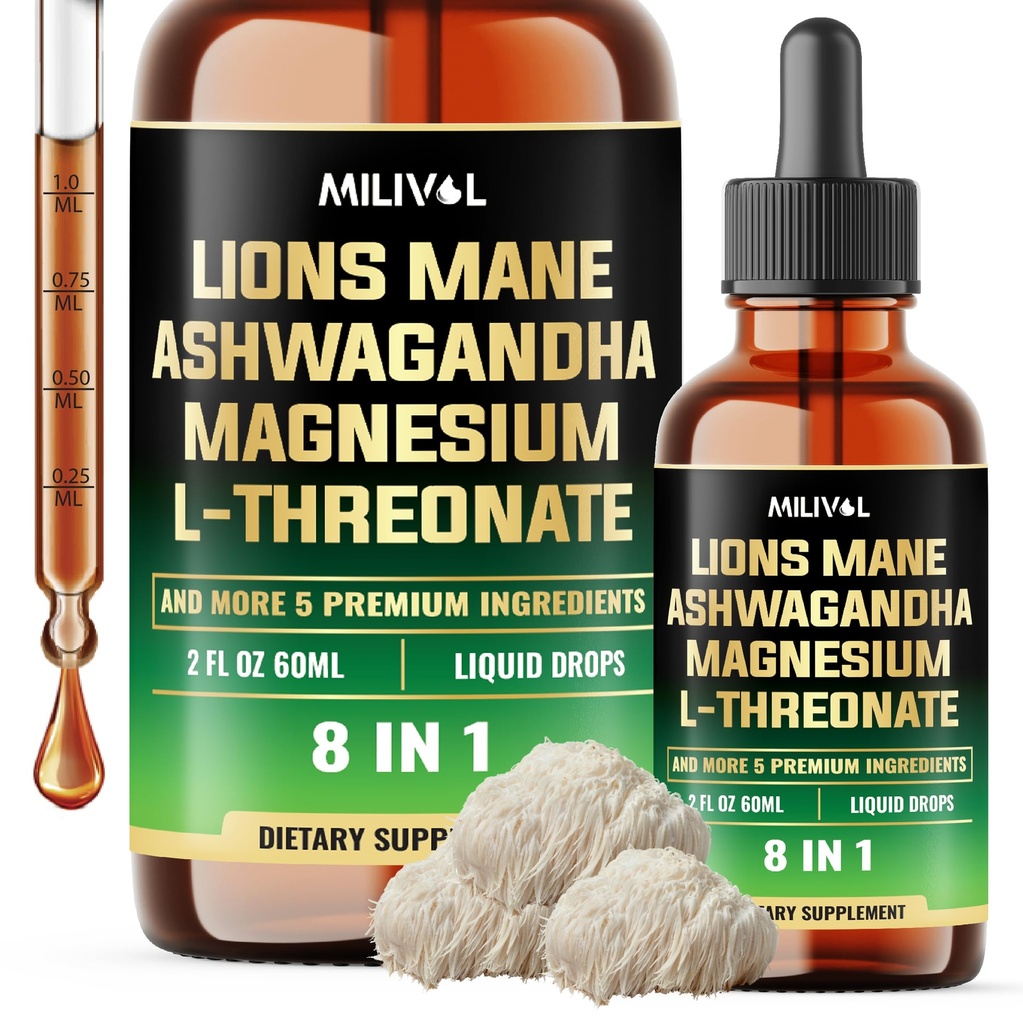 8in1 Lions Mane płynne krople z Ashwagandha Root, Magnezu L- Threate & 5 Herbs - Mood Balance, zdrowie mózgu, immunologiczne - 60 Days Supply - 2Fl oz