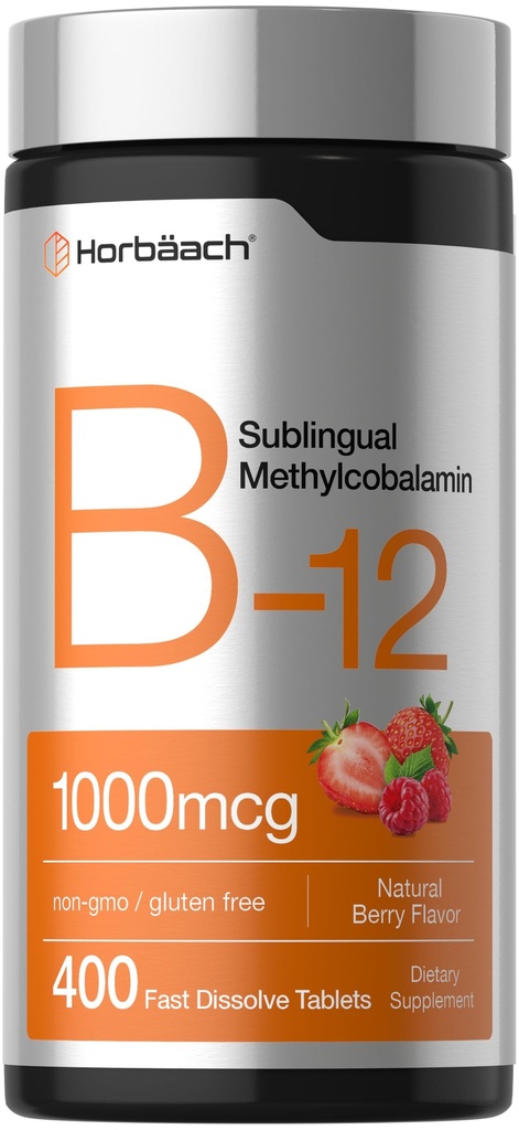 Horbaach Witamina B12 1000 mcg Podjęzykowe 124; 400 Szybko rozpuszczalne tabletki 124; Metylokobalamina Suplement dla kobiet i mężczyzn 124; Berry Flavor 124; Wegan, Non-GMO i Gluten Free