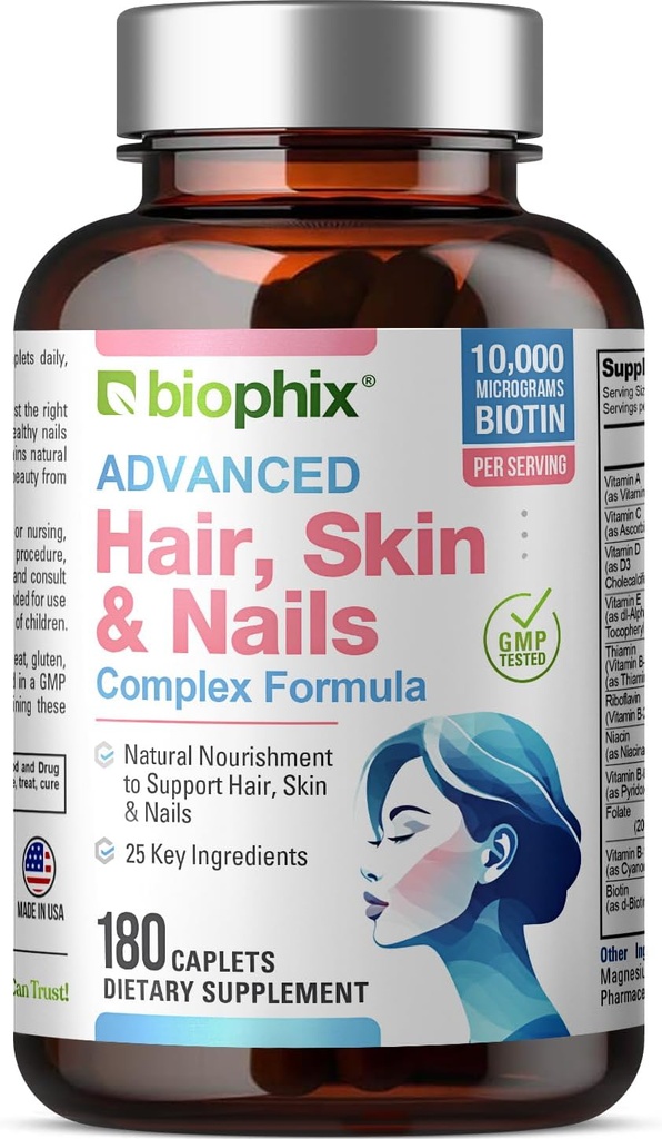 Biophix Hair Skin and Nails Complex 180 Kapsułki z 10.000 µg Biotin - Multivitamin Wspiera silne paznokcie piękne włosy zdrowe starzenie