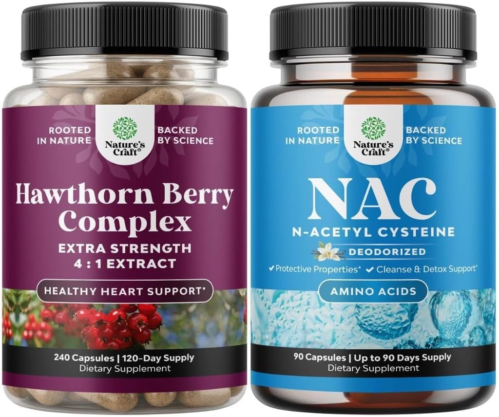 Zestaw wysokiej mocy Hawthorn Berry Kapsułki z liści i kwiatów Ekstrakt 4: 1 dla zdrowego serca i trawienia i suplement NAC N- Acetyl Cysteina 600mg - Glutathione Prekursor dla wątroby Cleanse Detox