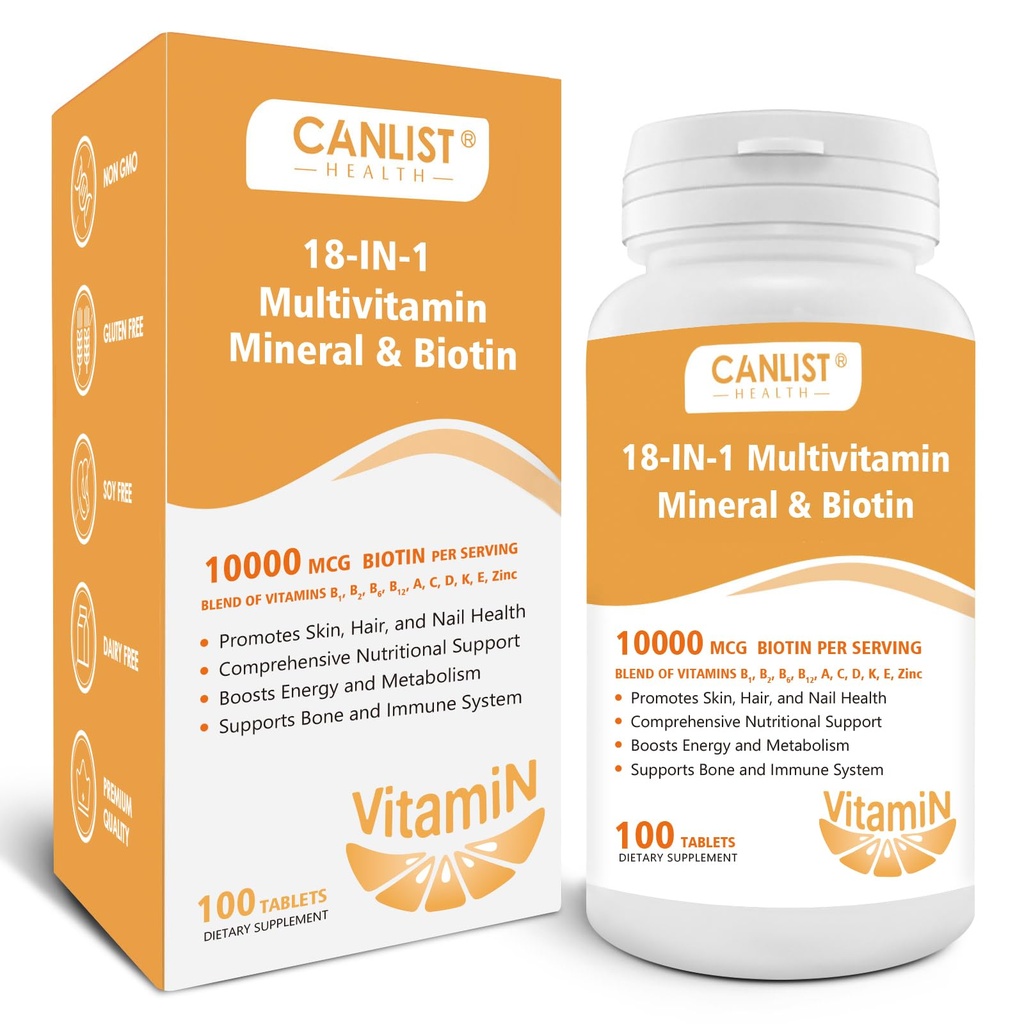 Włosy Skóra i paznokcie Wielowitaminy dla mężczyzn i kobiet, 10000mcg Biotin & Multimineral, Zawiera B- Witaminy, Witaminy C, E & D3, Minerały śladowe, Cynk, Gluten- Free, Dairy-Free, Soy- Free, 100 Tabletki
