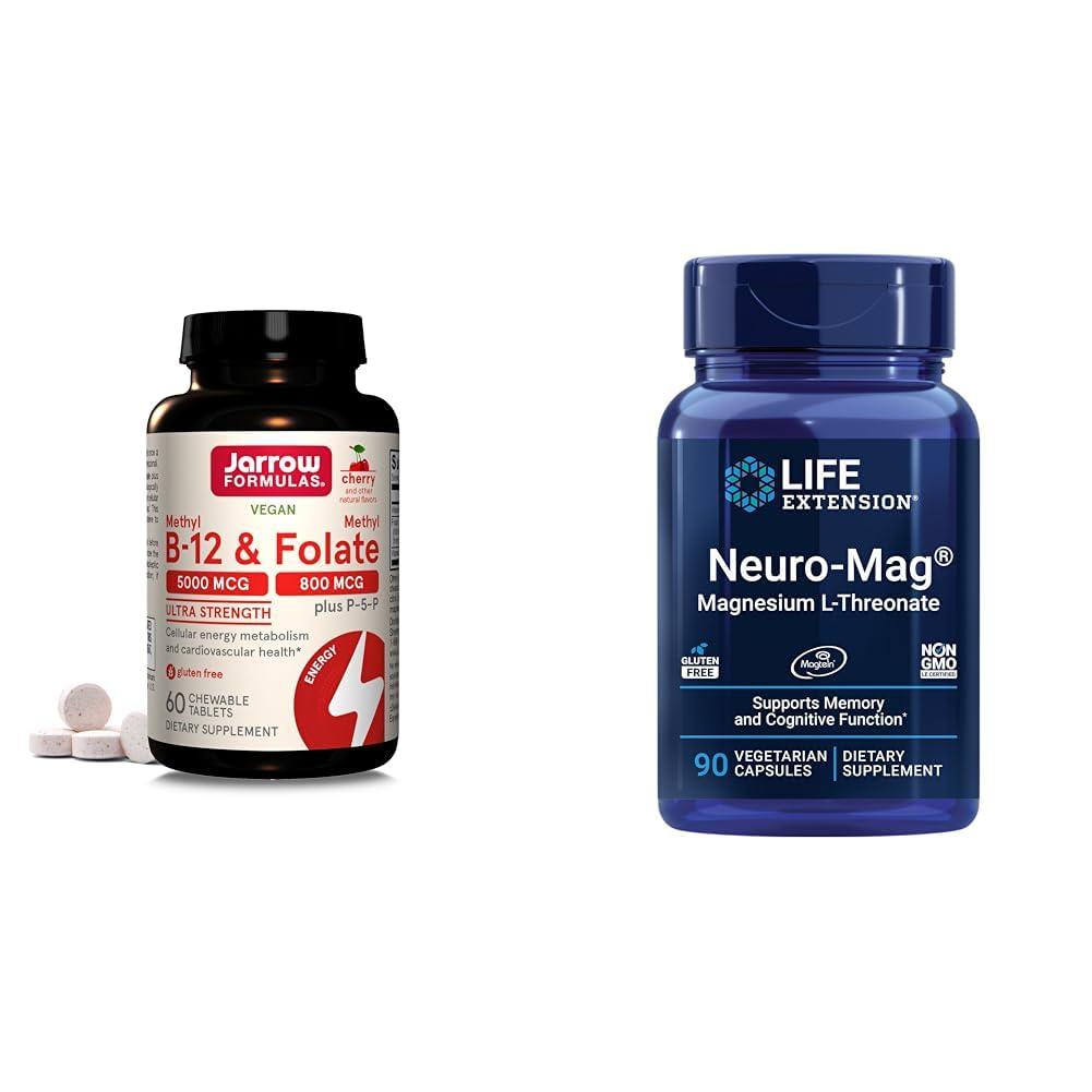 Jarrow Format Ultra Siła Metyl B- 12 5000 μg & Metyl Folate 800 µg + P- 5- P & Life Extension Neuro- mag Magnezu L- treonian, Magnezu L- treonian, Mózg Zdrowie, Pamięć & Uwaga