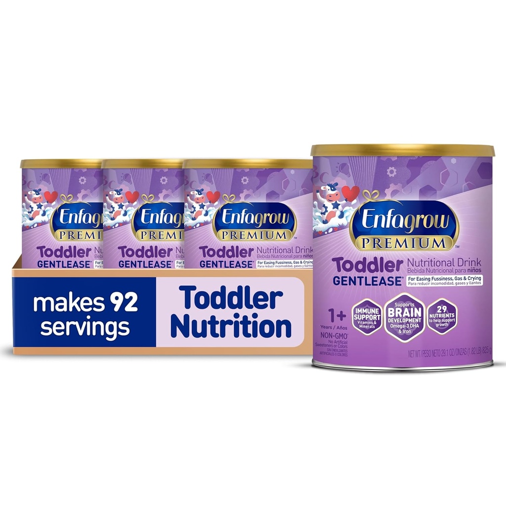 Enfagrow PREMIUM ENTENLER Toddler Drink Nutritional, Made with Real Milk, Zaprojektowany do łagodzenia paliwa, Gaz & Płacz, Składniki odżywcze dla wzrostu i wsparcia immunologicznego, Puszka proszkowa, 29.1 Oz (Opakowanie 4)