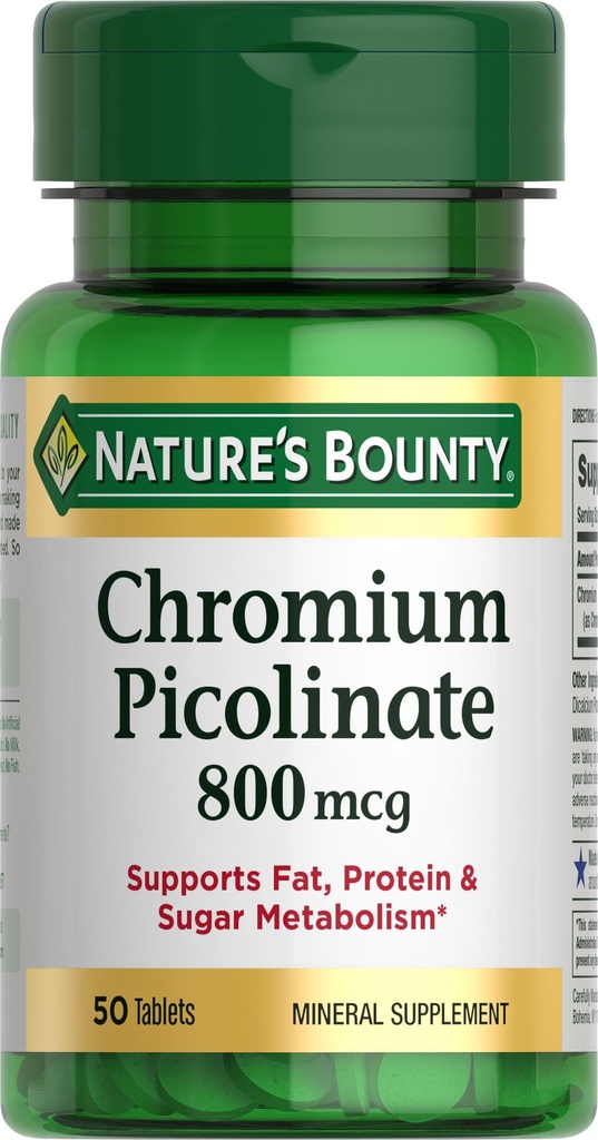 Nature 's Bounty Chrom Pikolinian, Wspiera tłuszcz, Białko i cukier Metabolizm, Suplement mineralny, 800 µg, 50 Tabletki