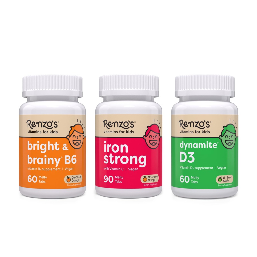Witaminy Renzo Mighty Kid Bundle - Żelazne suplementy dla dzieci, Witamina D3 dla dzieci oraz Witamina Bright & Brainy B6