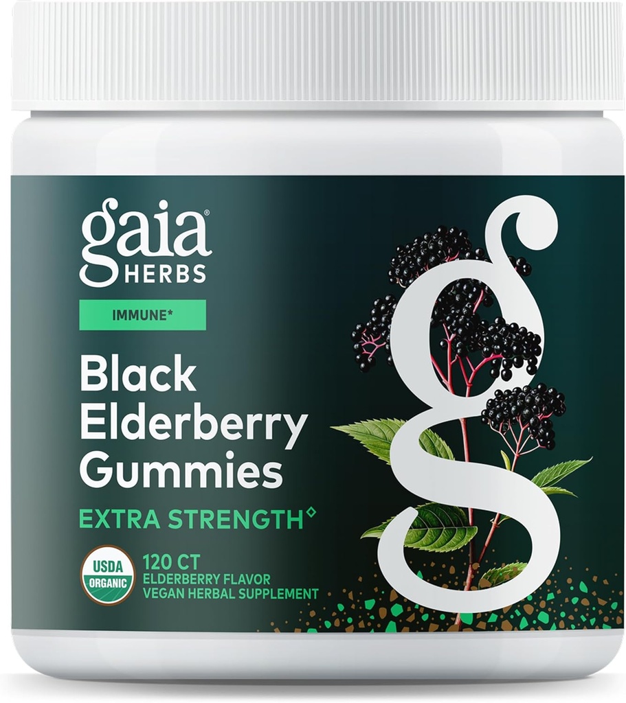Gaia Herbs Black Elderberry (Sambucus nigra) Dodatkowa siła Gummies - Pyszny suplement wsparcia immunologicznego * - Made with Certified Organic Black Elderberry for Immune System Support * - 120 Gummies