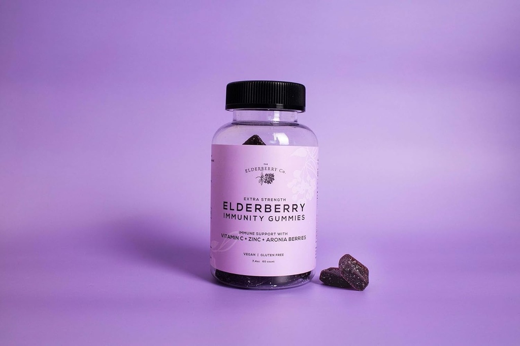 Elderberry Co. Dodatkowa siła Gummies + Aronia Berries z witamin C, D, E i Cynk dla All- Naturalne wsparcie immunologiczne, Brak sztucznych składników (60 Count)
