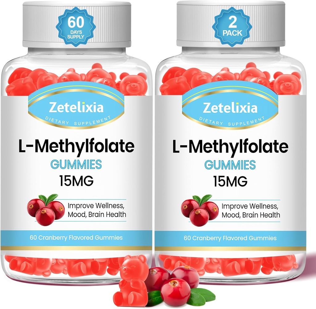 2 Pack L- Metylfolate 15 mg & Metyl B12 Gummies, Folate Supplement for Brain Health, Mood & Immunity, DNA Synteza & Naprawa, Bez cukru, Wegan, Żurawinowy Flavor, 120 Count