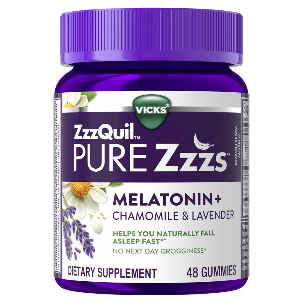 ZzzQuil Pure Zzzs Gummies melatonina, Pomoc senna, Melatonina 2 mg, z rumianku i lawendy, Melatonina Gummies snu, Pomoc senna dla dorosłych, Wildberry Vanilla Flavored, 48 Gummies snu