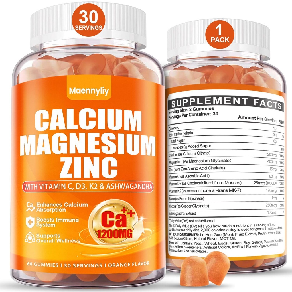 Wapń 1200 mg z witaminą D3 Gummeje dla dorosłych - Wapniowy cytrynian z witaminą D3 K2, Magnezem, Cynkiem, Borem, Miedzią i Ashwagandha - Dodatkowa absorpcja Suplement wapnia dla kobiet