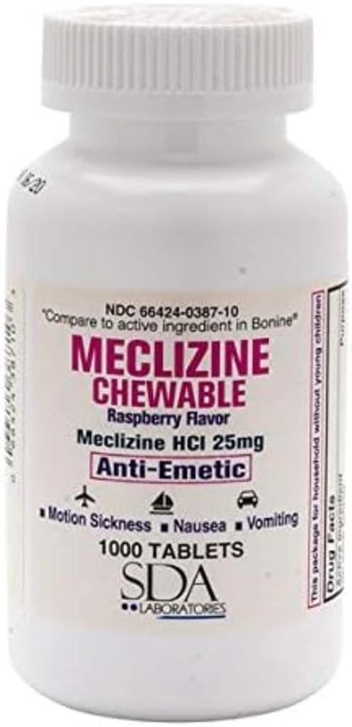 SDA LABORATORIES Meclizine Chewable Tablets, 25 mg, Anti- Emetic, Malina Flavor, Motion Choroby & Vertigo Relief for Nudności, Zawroty głowy i Wymioty, 1000 Count (1 Pack)