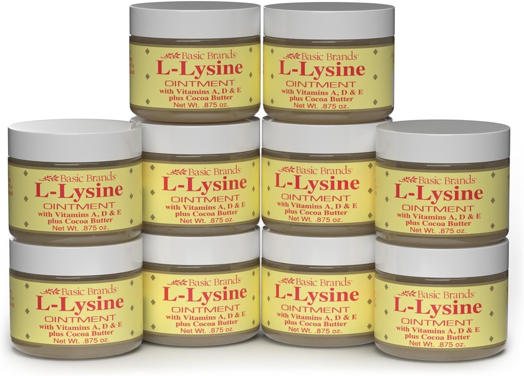 Basic Brands - L- Lysine Ointment - 0.875 oz - Lysine Cold Sore Treatment and Blister Relief - Soothes Chapped Lips and Dry Skin - 10- Pack