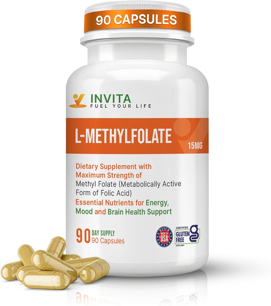 INVITA L- Methylfolate (15 mg) - Aktywny, profesjonalny, aktywny folian metylowy - suplement 5-MTHF dla energii, nastrojów i wsparcia immunologicznego - Nie GMO, Bez glutenu, Brak Fillerów (15 mg)