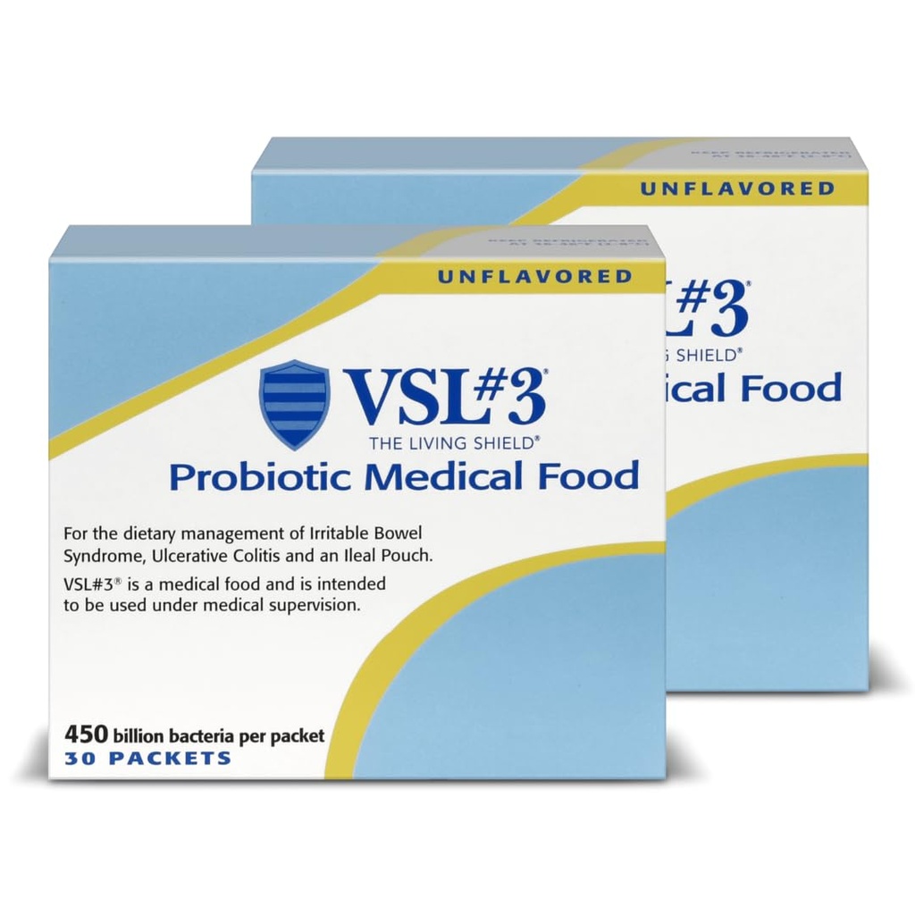 VSL # 3 ® Probiotyczny proszek dla zdrowia trawiennego, IBS i objawy UC - 450B CFU, Wysokiej mocy, Multi- Strain, Live, Lodówka Probiotyczne, Medical Food for Gut Health Support in Men & Women, 60 Pack